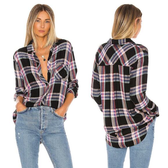 Rails x REVOLVE Hunter Plaid Button Down in Black Melon & Aqua Checked Print XS - Picture 1 of 10